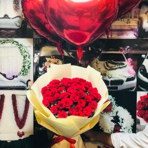 Grand Romance Rose Bouquet with Heart Balloons